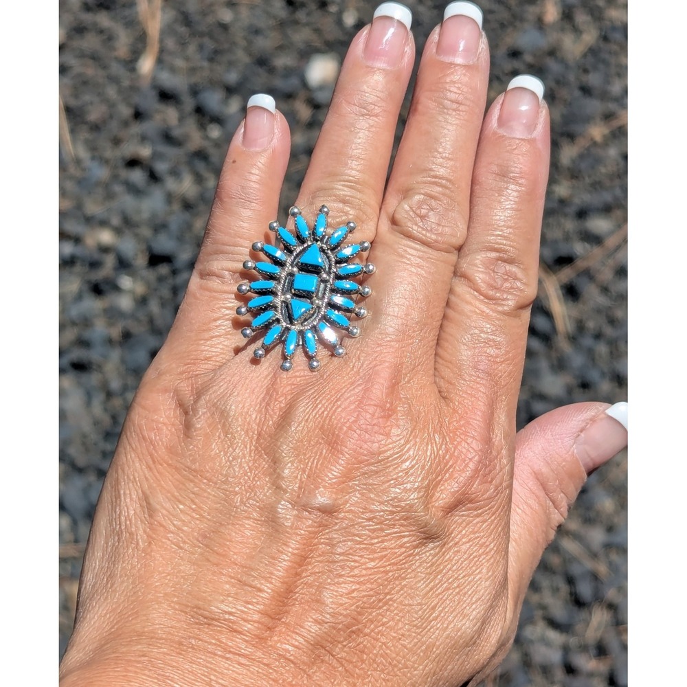 Zuni Ring Turquoise Cluster Pueblo Native American Handmade Jewelry sz 7.5 *** - Picture 5 of 10